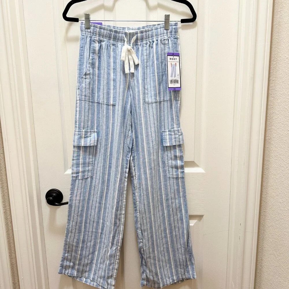 Roxy Women's Linen Blend Cargo Pant Size XS Blue Cottagecore Coastal Boho (NEW)